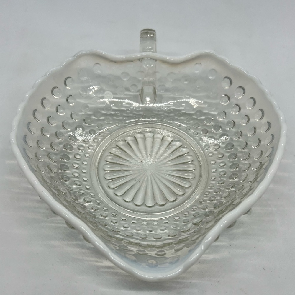Anchor Hocking Moonstone Opalescent Hobnail Heart Shaped Bon Bon Dish Vintage